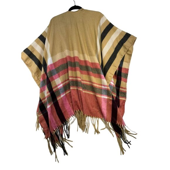 Woolrich Womens One Size Striped Poncho With Fringe Tan Red Black - Picture 7 of 9